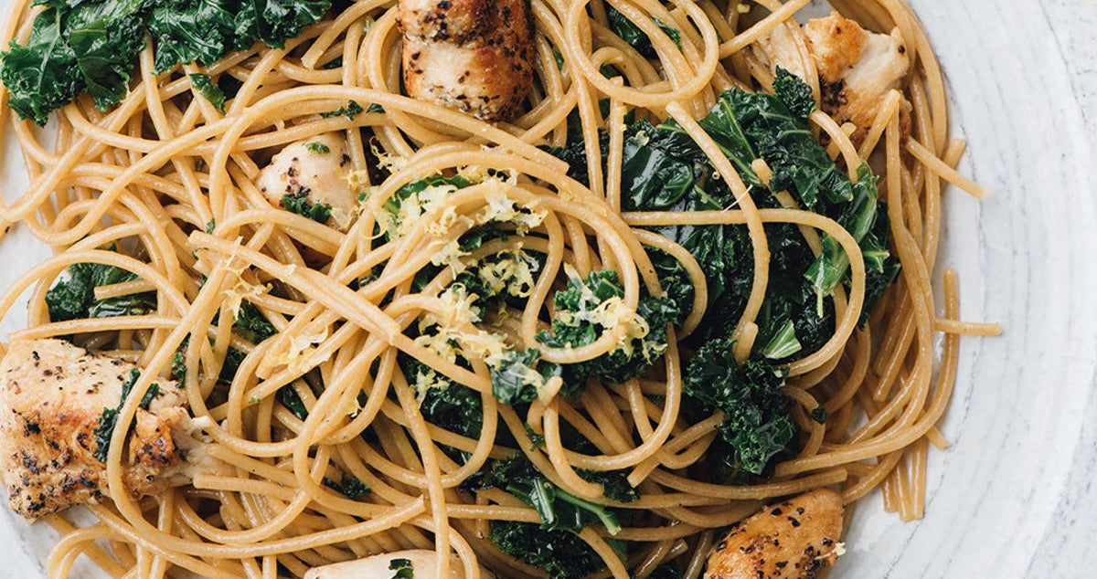 Maple Sriracha Mustard Chicken Thighs with Kale, Pasta, and Toasted Almonds